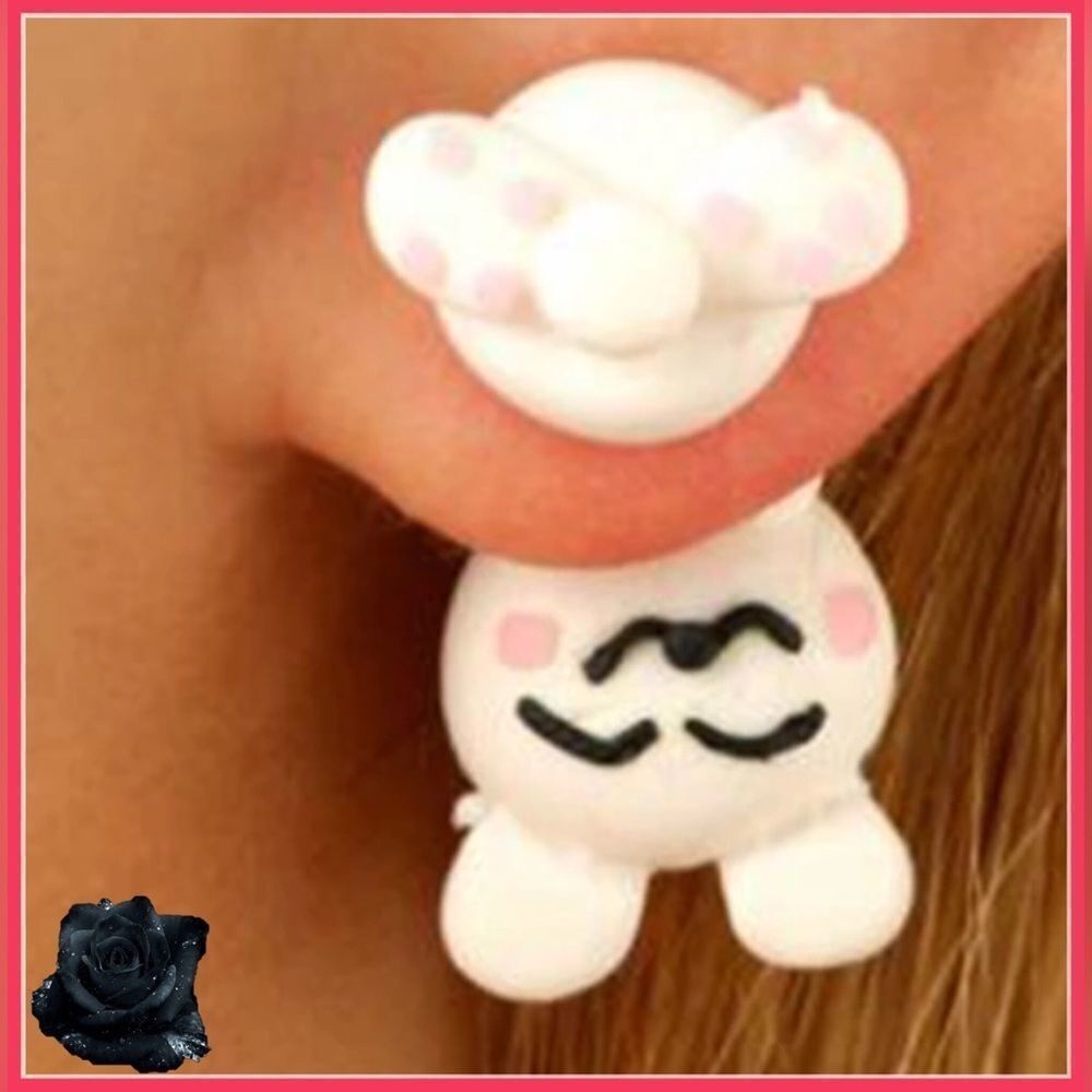White Bunny Rabbit Pink Cheeks and Paws Kawaii Earrings NEW